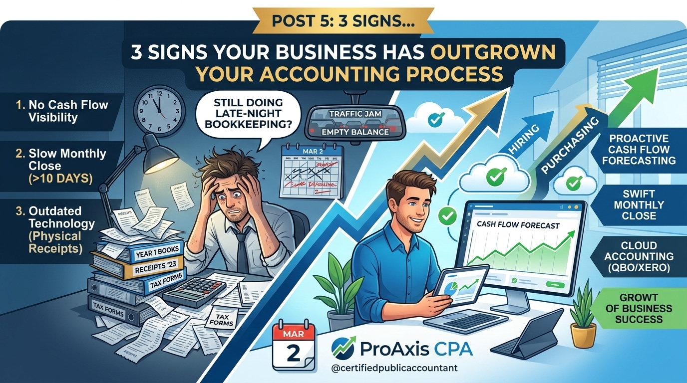 Infographic showing 7 warning signs a New Jersey small business has outgrown its current accounting process — messy books, missed deductions, cash flow surprises, and no CPA oversight — ProAxis Bergen County NJ