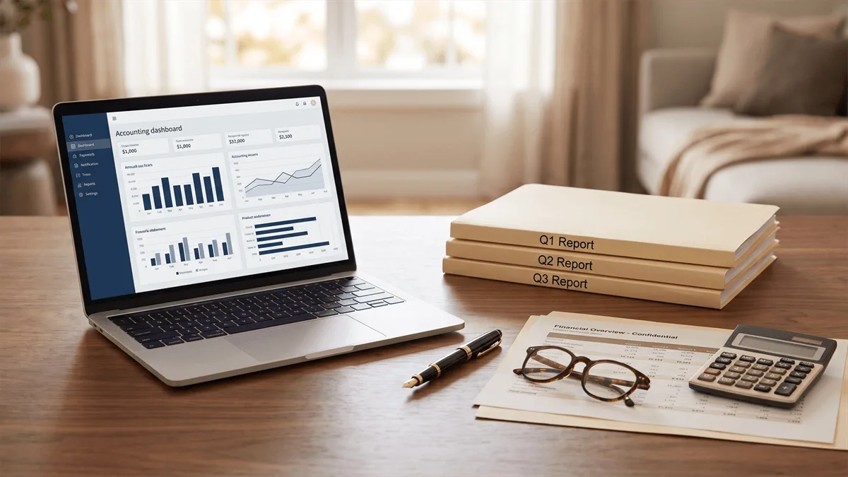 A desk with a laptop showing an organized accounting dashboard, labeled quarterly report folders, a financial statement, glasses, and a calculator — CPA-supervised bookkeeping for New Jersey small businesses, ProAxis Bergen County NJ