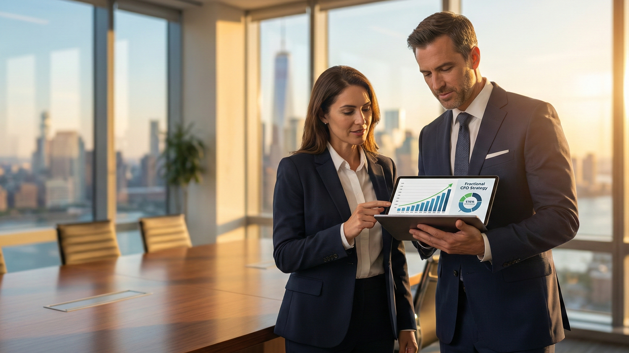 Modern executive team reviewing financial growth data and KPI dashboards during a fractional CFO strategy session — ProAxis Tax & Accounting Services provides strategic financial advisory for NJ businesses