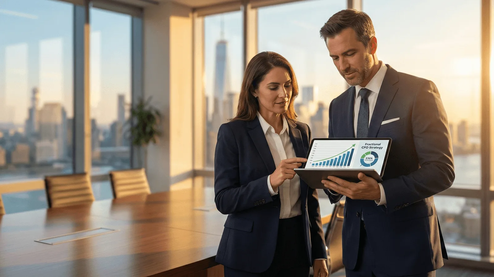 Modern executive team reviewing financial growth data and KPI dashboards during a fractional CFO strategy session — ProAxis Tax & Accounting Services provides strategic financial advisory for NJ businesses