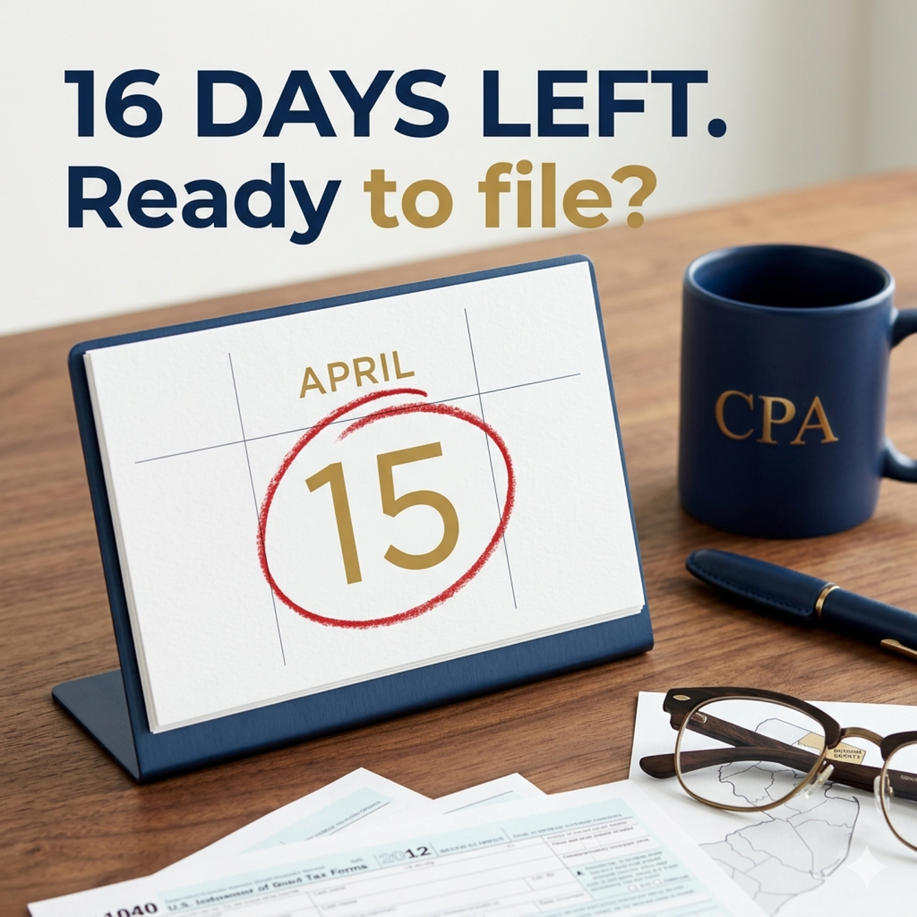 Professional CPA reviewing tax documents on desk with calendar showing April 15th deadline circled in red, Bergen County NJ tax preparation services