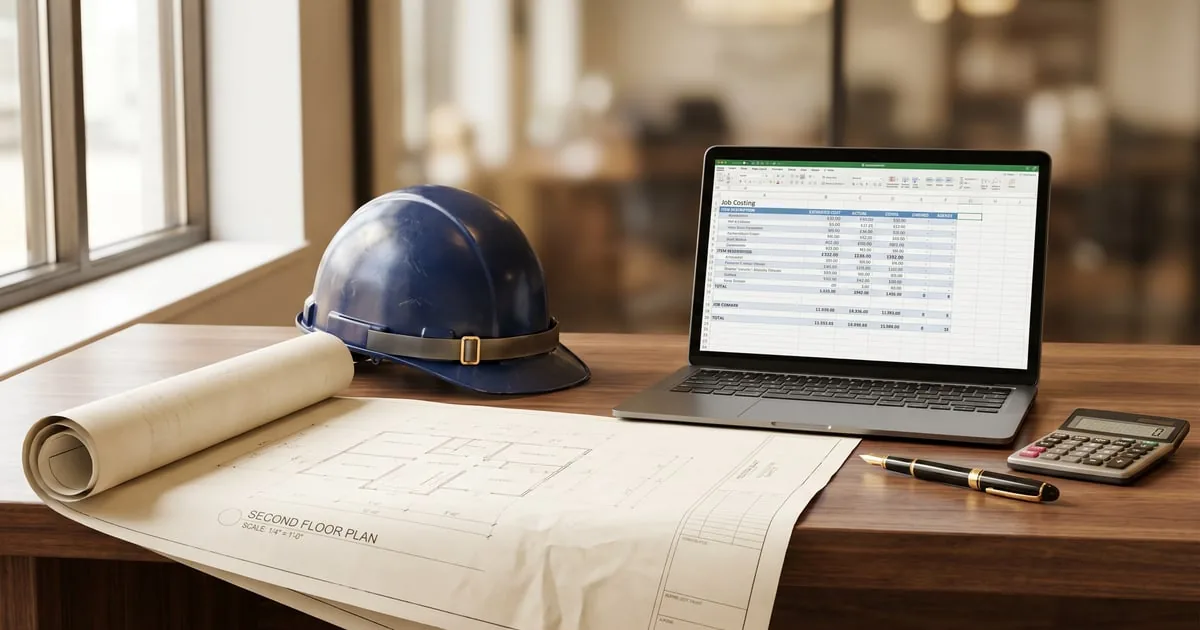 A contractor's desk with a blueprint, a hard hat, a laptop showing a job-costing spreadsheet, and a calculator — construction and contractor accounting, job costing, and WIP schedules for New Jersey builders, ProAxis CPA