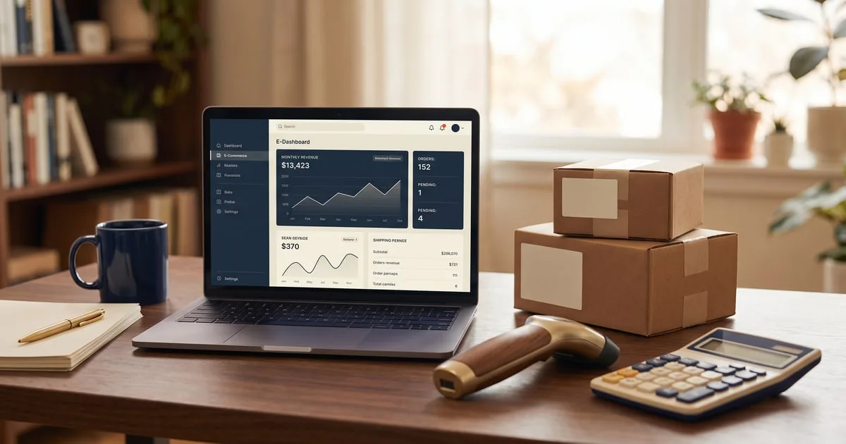 An online seller's desk with a laptop showing an e-commerce sales dashboard, shipping boxes, and a barcode scanner — accounting, sales tax, and bookkeeping for New Jersey e-commerce sellers, ProAxis CPA