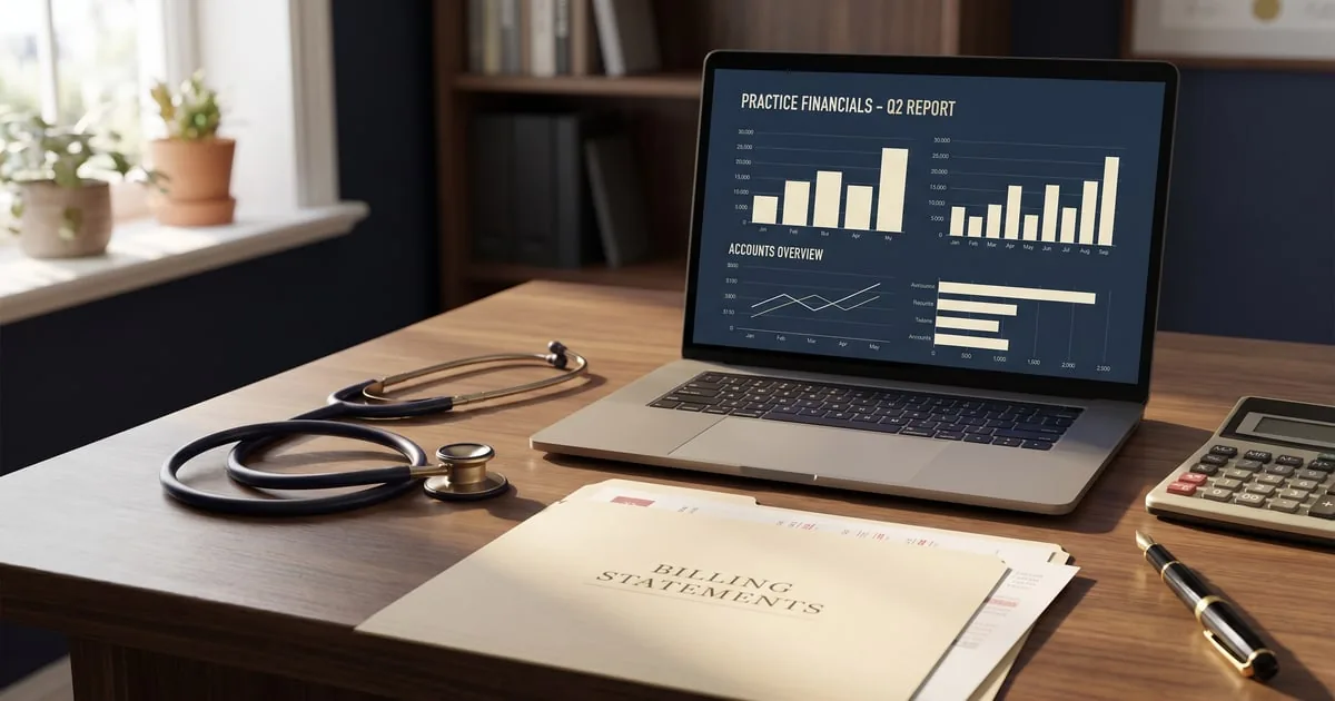 A medical practice desk with a stethoscope, a laptop showing practice financial charts, and billing statements — accounting, tax, and bookkeeping for New Jersey medical and dental practices, ProAxis CPA