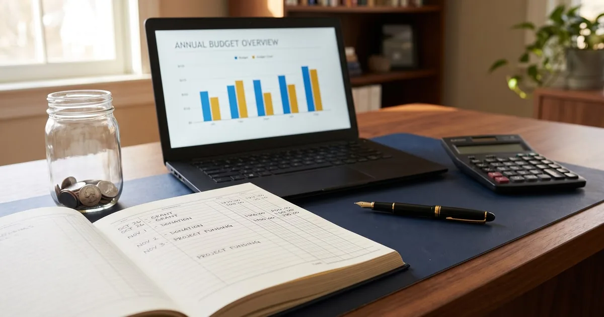 A nonprofit office desk with a grant and donation ledger, a donation jar, and an annual budget chart on a laptop — accounting, Form 990, and bookkeeping for New Jersey nonprofits, ProAxis CPA