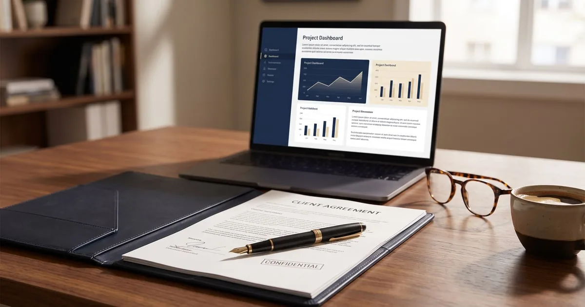 A professional-services desk with a signed client agreement, a laptop showing a project dashboard, and glasses — accounting, tax, and fractional CFO services for New Jersey consultants, agencies, and firms, ProAxis CPA