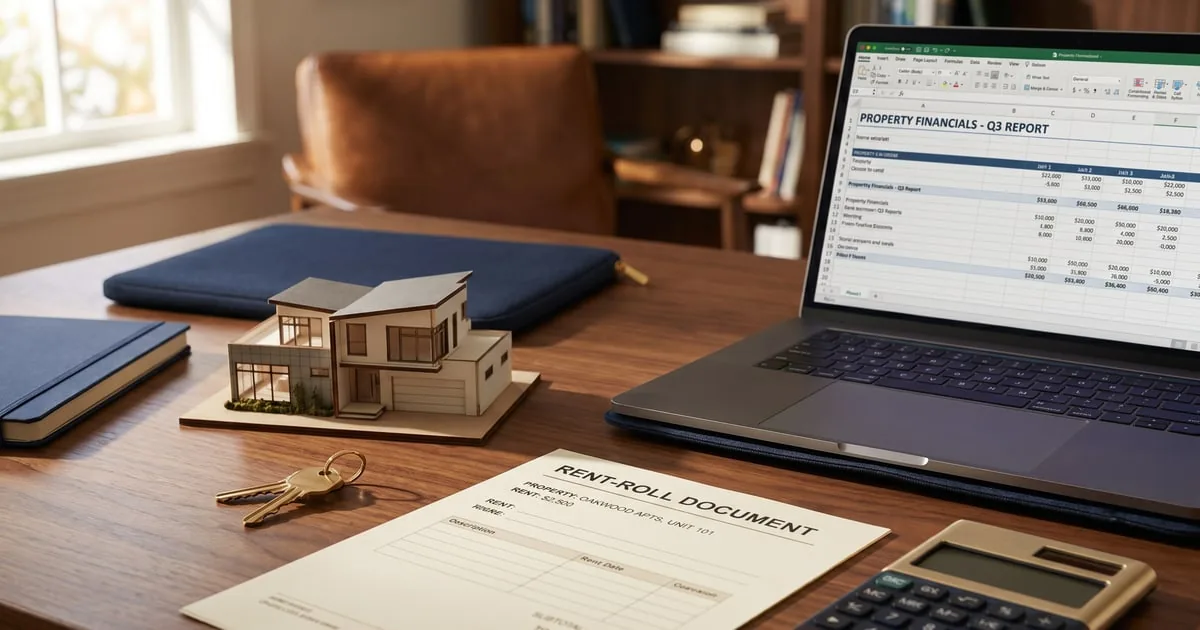 A real estate investor's desk with a model house, keys, a rent-roll document, and property financials on a laptop — accounting and tax for New Jersey real estate investors and landlords, ProAxis CPA