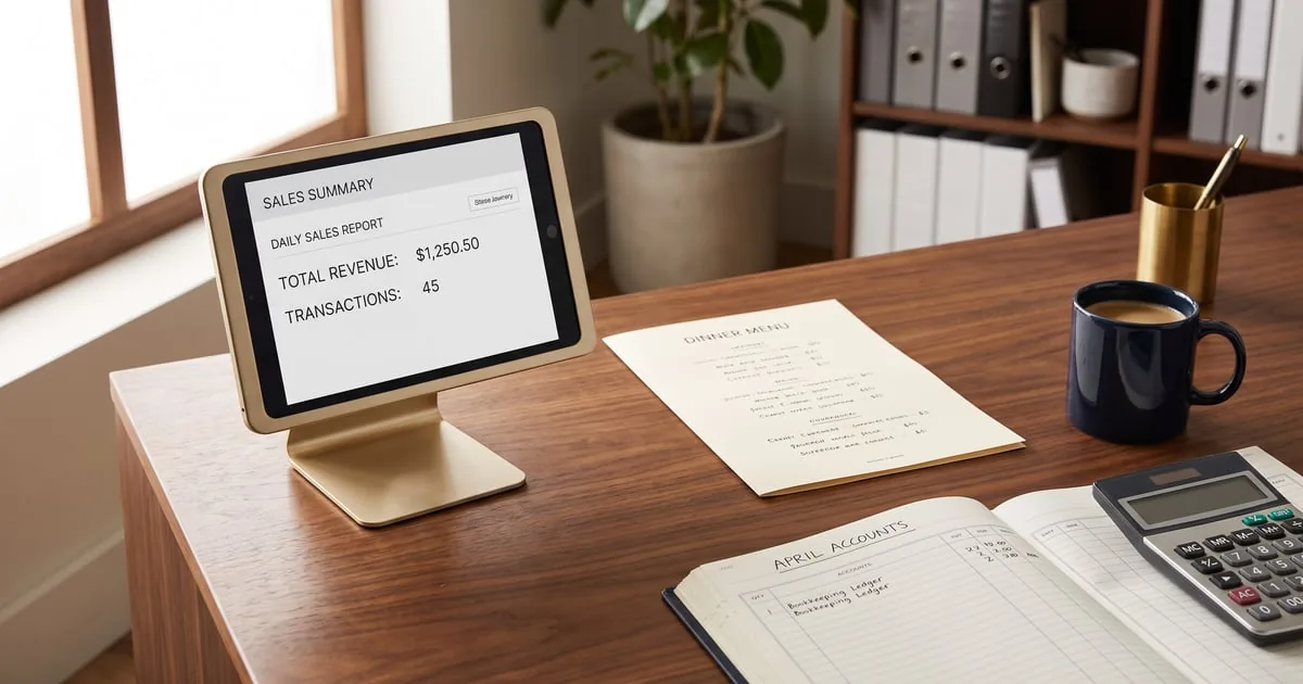 A restaurant back-office desk with a point-of-sale sales summary, a menu, and a bookkeeping ledger — accounting, payroll, and tax for New Jersey restaurants and food-service businesses, ProAxis CPA