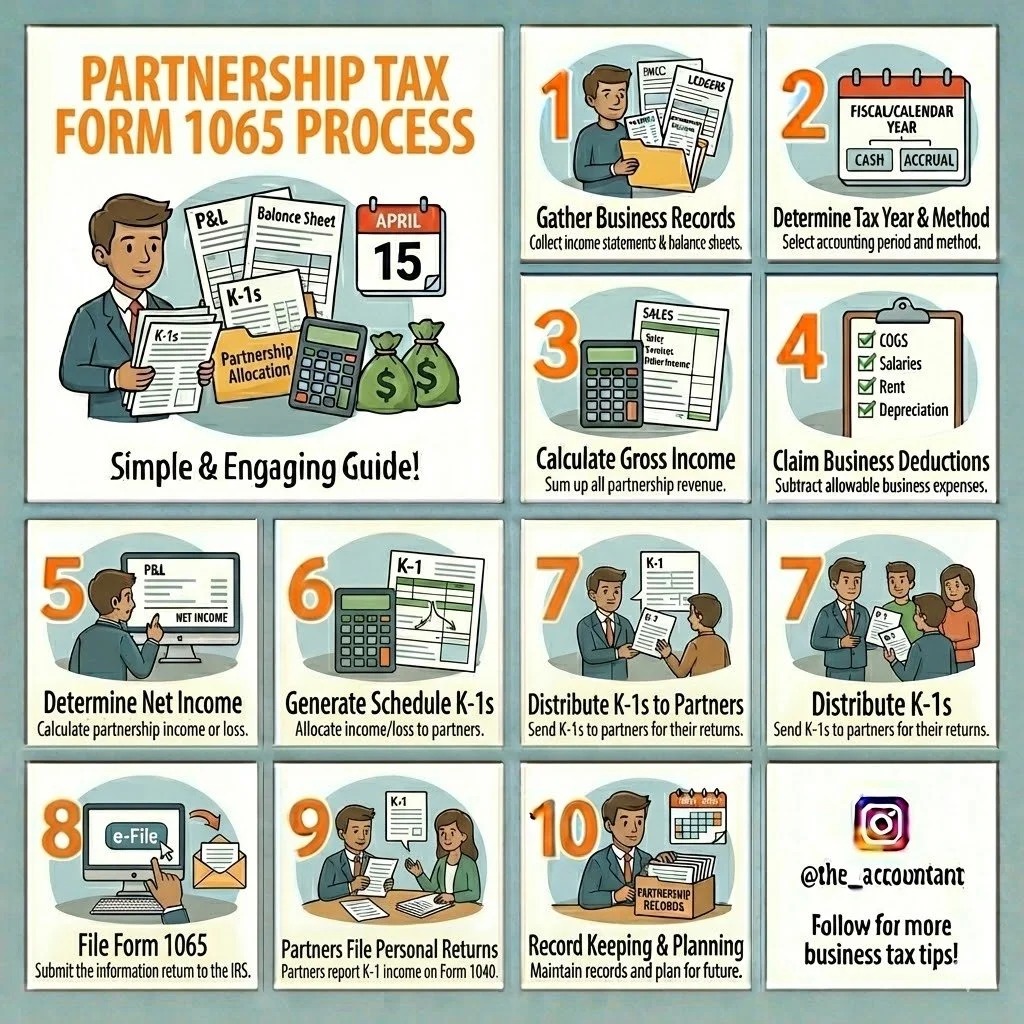 Step-by-step infographic showing the IRS Form 1065 partnership tax return process for New Jersey multi-member LLCs and general partnerships — prepared by ProAxis CPA Bergen County