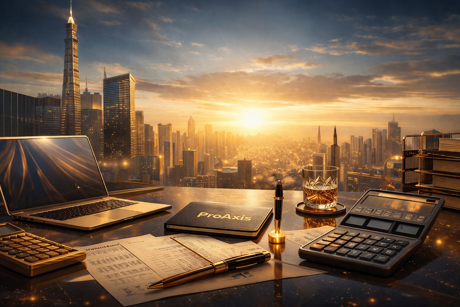 ProAxis Tax & Accounting Services Bergen County NJ — ProAxis branded notebook against a New Jersey sunset skyline, representing expert CPA services for Hasbrouck Heights and surrounding communities