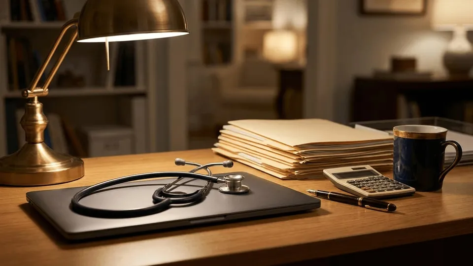 A physician's stethoscope beside a Form 1099-NEC, calculator, and quarterly tax calendar — locum tenens and 1099 physician taxes in New Jersey, explained by ProAxis CPA