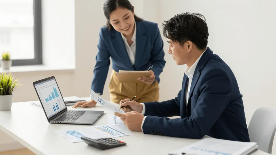 A Bergen County small business owner and a bookkeeper reviewing profit-and-loss reports and accounting software on a laptop at a clean office desk — outsourced and virtual bookkeeping for NJ small businesses by ProAxis CPA