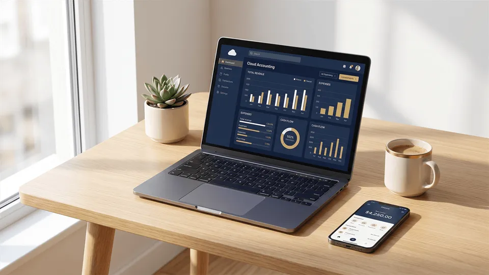 A modern desk by a bright window with a laptop showing a cloud accounting dashboard, a smartphone finance app, coffee, and a plant — why Bergen County business owners are switching to virtual, technology-first CPA firms, ProAxis Tax & Accounting Services