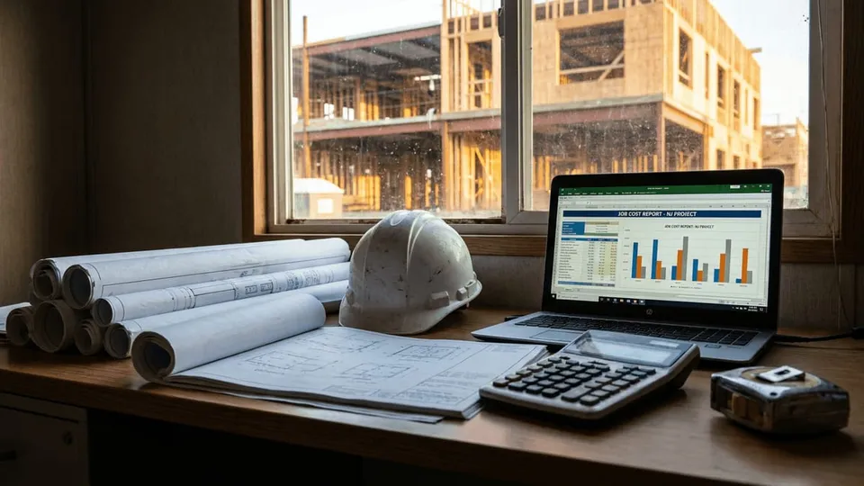 Contractor's desk with blueprints, hard hat, and a job cost report — comparing the best construction CPA firms in New Jersey
