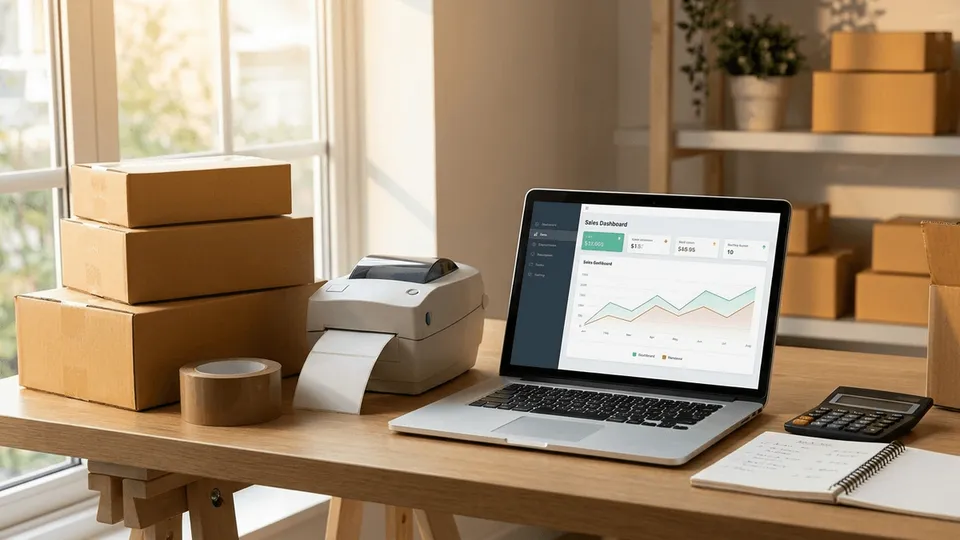 E-commerce packing station with shipping boxes, label printer, and a sales dashboard — comparing the best e-commerce CPA firms in New Jersey