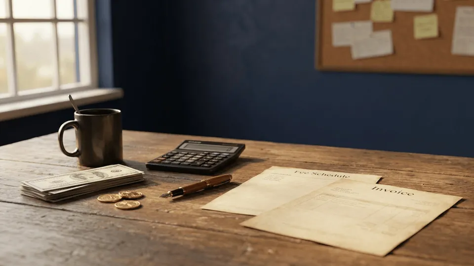 Fee schedule, invoice, calculator, and cash on a CPA's desk — what a CPA costs in New Jersey