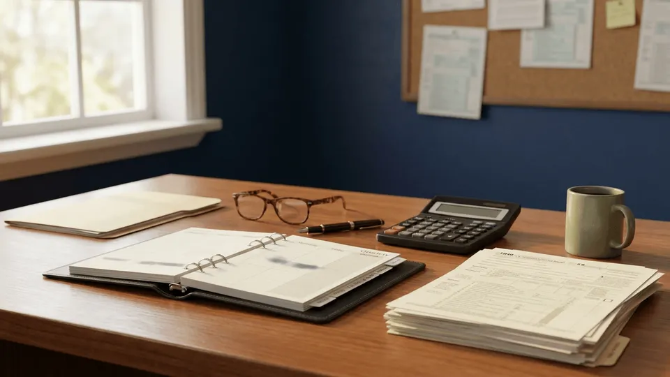 A first-year S-Corp compliance calendar with Form 1120-S, payroll returns, and NJ CBT-100S deadlines marked, beside a calculator on a desk — for New Jersey business owners, by ProAxis CPA, Bergen County NJ