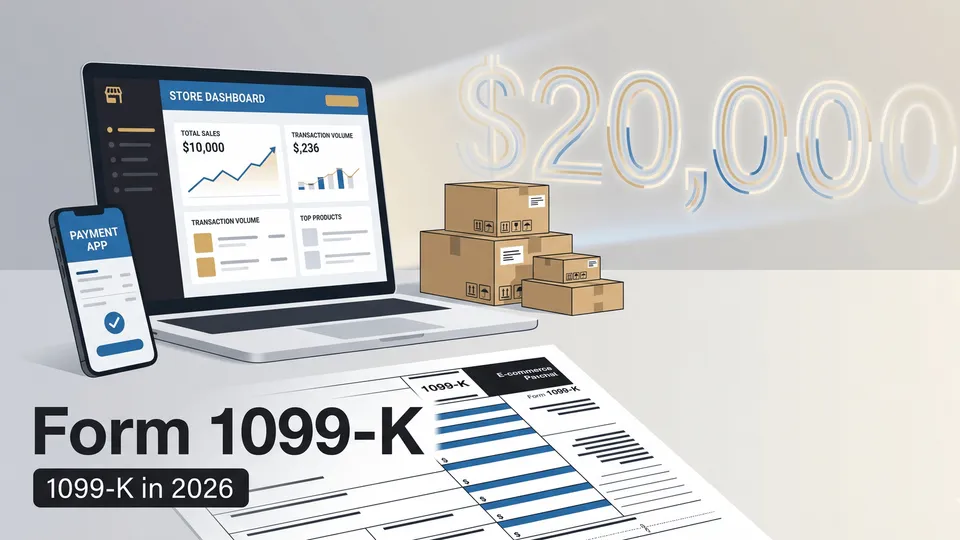 An e-commerce store dashboard on a laptop with shipping boxes, a payment app, and a Form 1099-K beside a glowing $20,000 figure — the restored 2026 reporting threshold explained by ProAxis CPA