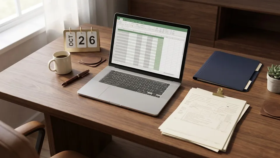 A desk with a laptop showing a spreadsheet, a stack of blank forms, a pen, a coffee mug, and a small gold flip calendar reading OCT 26 — year-end contractor payment tracking for the 2026 Form 1099-NEC threshold