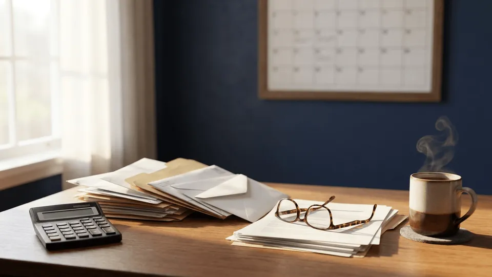 Stack of unopened envelopes and folders beside a calculator and calendar — catching up on unfiled tax returns