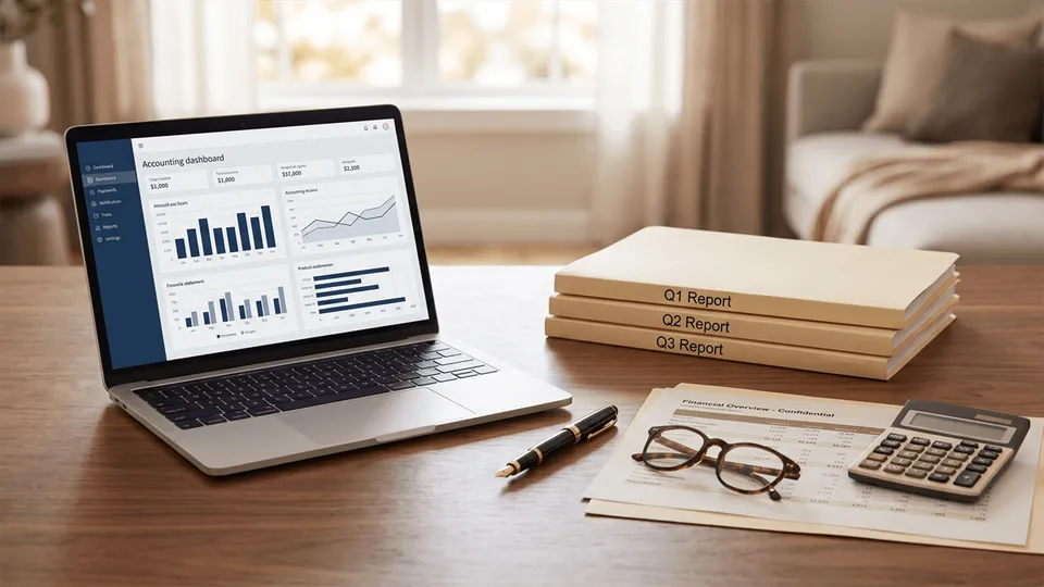 A tidy desk with a laptop showing an organized accounting dashboard, labeled quarterly report folders, a financial statement, glasses, and a calculator — comparing DIY, a freelance bookkeeper, and CPA-supervised bookkeeping for NJ, NY, and PA small businesses, by ProAxis CPA
