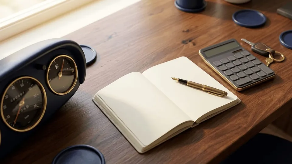 A car dashboard odometer and fuel gauge beside a mileage log notebook and calculator — the IRS raised the standard business mileage rate to 76 cents per mile for July through December 2026, explained by ProAxis CPA