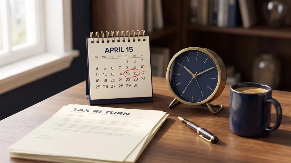 A desk calendar with April 15 circled in red beside a clock, a tax return document, and coffee — last-minute filing strategies and free extension options to beat the April 15, 2026 deadline, Bergen County NJ, by ProAxis CPA