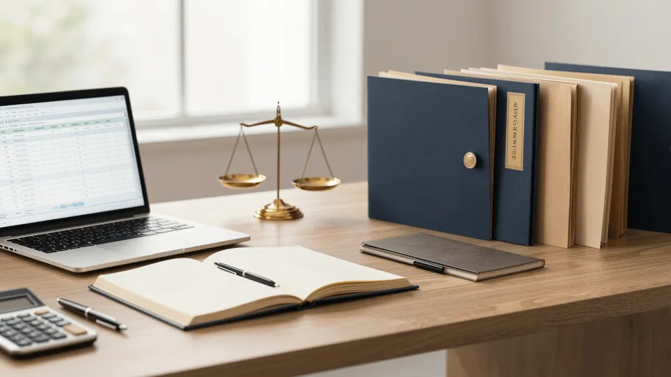 A New Jersey law firm desk with an accounting ledger, a bookkeeping spreadsheet on a laptop, brass scales of justice, and labeled client trust folders — attorney trust account and IOLTA bookkeeping explained by ProAxis CPA, Bergen County NJ
