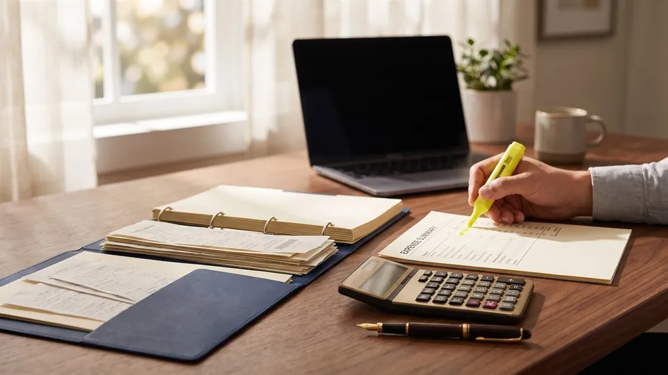 A hand highlighting a business expense summary beside a binder of organized receipts, a calculator, and a laptop — the complete 2026 guide to NJ small business tax deductions for LLCs, S-Corps, and sole proprietors, by ProAxis CPA