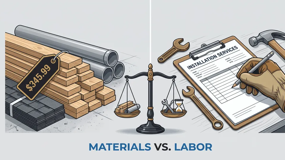 NJ contractor sales tax illustration — a stack of construction materials with a price tag balanced against an installation-services labor invoice, showing materials vs labor taxability — ProAxis CPA, Bergen County NJ