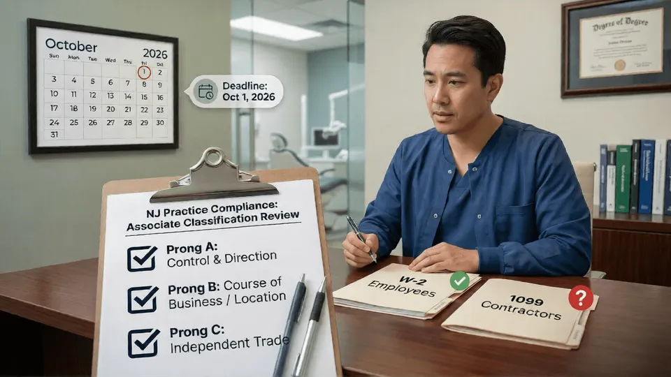 Dental practice owner reviewing the NJ ABC test compliance checklist — Prong A control, Prong B course of business, Prong C independent trade — with W-2 vs 1099 folders and the October 1, 2026 NJDOL deadline
