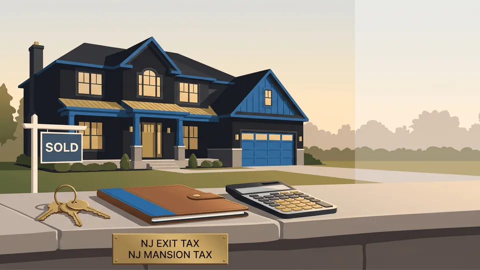 A sold New Jersey home with house keys, a wallet, and a calculator labeled NJ Exit Tax and NJ Mansion Tax — the taxes owed when selling NJ property, explained by ProAxis CPA, Bergen County NJ