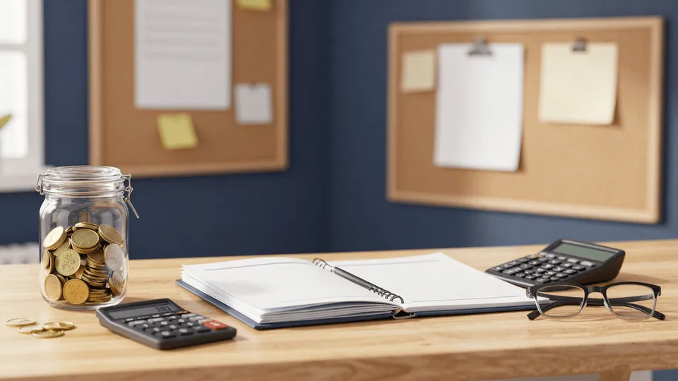 A small nonprofit office desk with a glass donation jar of coins, stacked financial ledgers, and a calculator in warm morning light — when a NJ 501(c)(3) owes unrelated business income tax and Form 990-T, explained by ProAxis CPA, Bergen County NJ