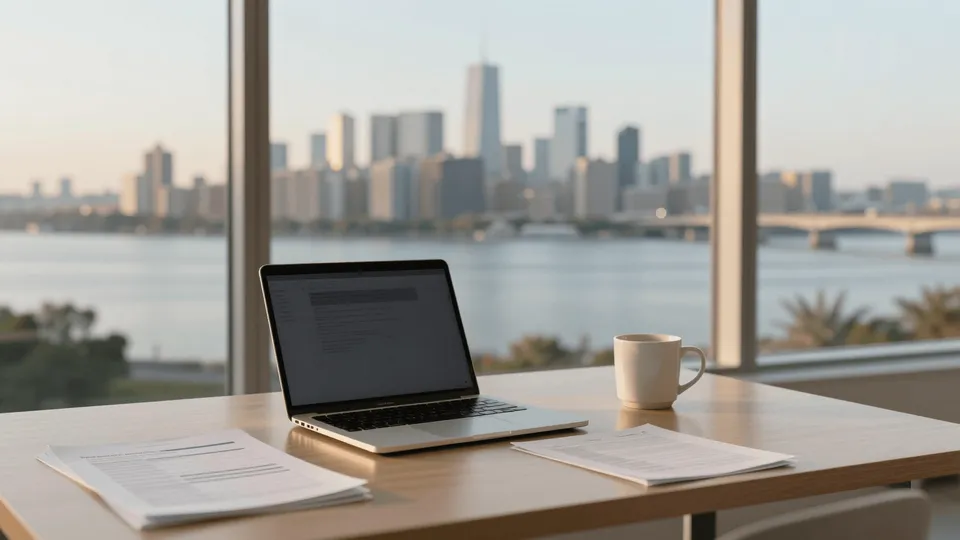 A home-office laptop and tax documents on a desk by a window overlooking a city skyline across a river at golden hour — NJ/NY remote-work two-state taxes and the convenience-of-the-employer rule, explained by ProAxis CPA