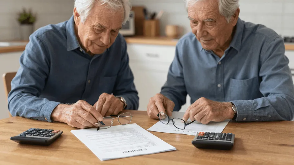 A New Jersey retiree's kitchen table with a pension statement, Form NJ-1040, and a calculator showing the $150,000 income cliff in the NJ retirement income exclusion — explained by ProAxis CPA, Bergen County NJ