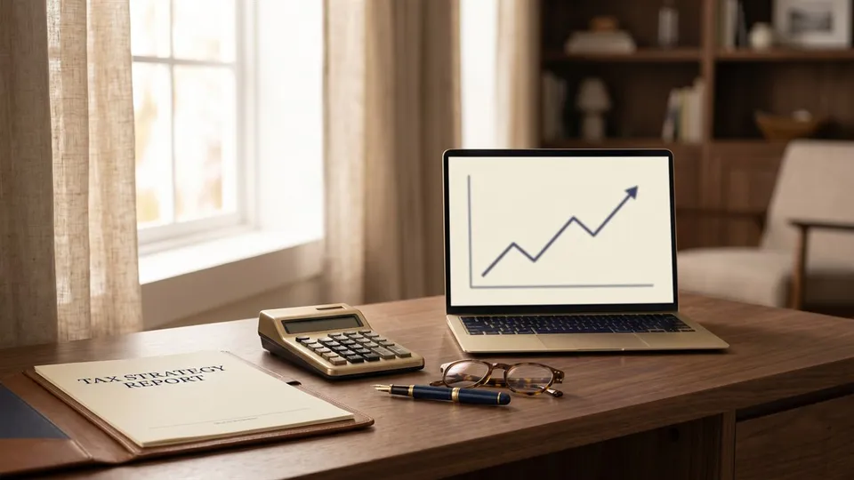 A tax strategy report folder with a calculator, a pen, glasses, and a laptop showing an upward trend chart on a desk — 2026 NJ SALT deduction cap changes and BAIT election planning for business owners, by ProAxis CPA