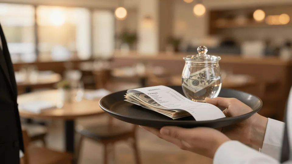 A restaurant server holding a tray with a printed check, folded cash tips, and a glass tip jar in a warm dining room — the 'no tax on tips' deduction for NJ restaurants and tipped staff, explained by ProAxis CPA