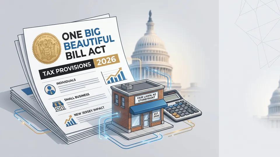 One Big Beautiful Bill Act 2026 tax-provisions document beside a New Jersey small-business storefront and calculator with the U.S. Capitol behind — ProAxis CPA Bergen County NJ