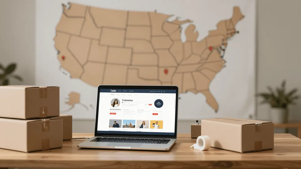 An online seller's workspace with a store dashboard on a laptop, sealed shipping boxes, and a US map with location pins across several states — multi-state income tax nexus and the FBA inventory trap for online sellers, by ProAxis CPA