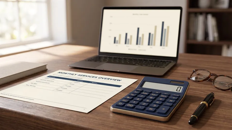 A desk with a printed monthly services overview, a calculator, a laptop showing a simple fee-comparison bar chart, glasses, and a pen — what outsourced bookkeeping costs in 2026 for NJ, NY & PA small businesses, by ProAxis CPA