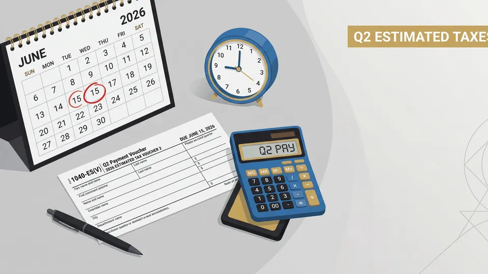 A June 2026 calendar with the 15th circled beside a Form 1040-ES Q2 payment voucher, clock, and calculator — the quarterly estimated tax deadline explained by ProAxis CPA, NJ