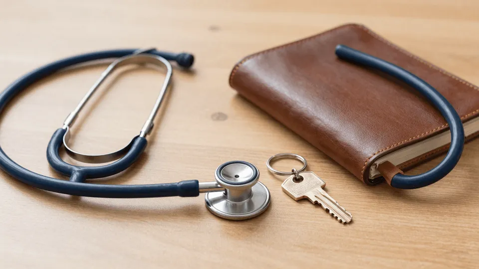 A stethoscope, a house key, and an hour log side by side — real estate professional status and the short-term rental route for NJ W-2 physicians, explained by ProAxis CPA, Bergen County NJ