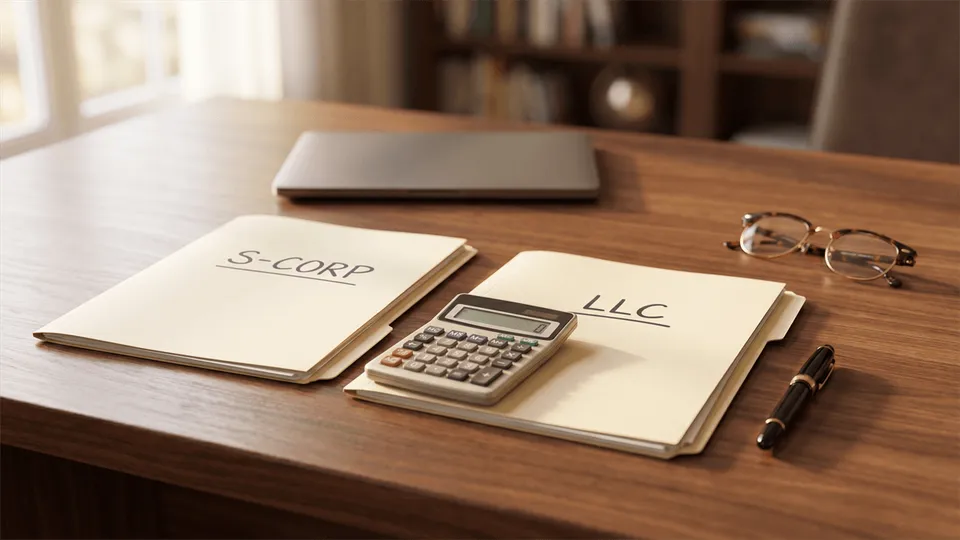 Two labeled folders — 'S-Corp' and 'LLC' — side by side on a desk with a calculator, glasses, and a pen — comparing which structure saves more New Jersey business tax in 2026, by ProAxis CPA, Bergen County NJ