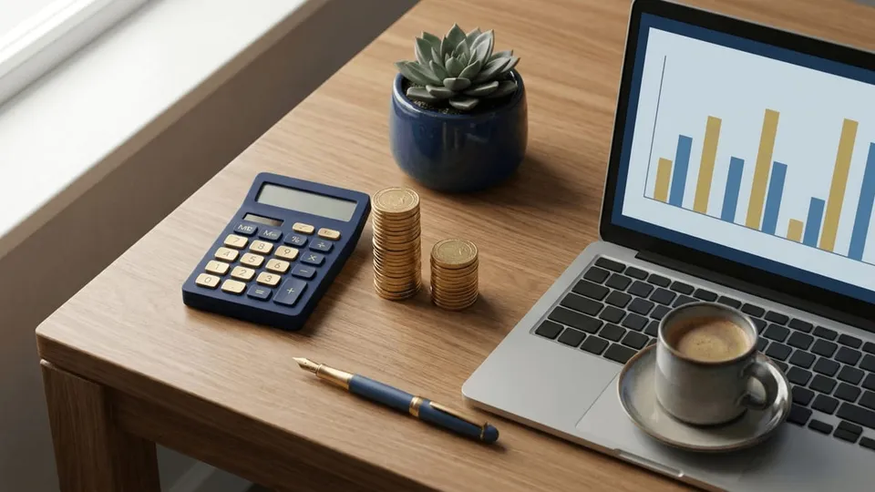 A navy calculator, two gold coin stacks of different heights, a fountain pen, and a laptop showing a bar chart on a wooden desk — S-corp reasonable salary versus distributions for New Jersey business owners, explained by ProAxis CPA