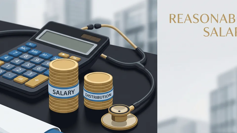 A stethoscope and calculator beside coin stacks labeled Salary and Distribution — S-corp reasonable compensation for NJ physicians and dentists, explained by ProAxis CPA