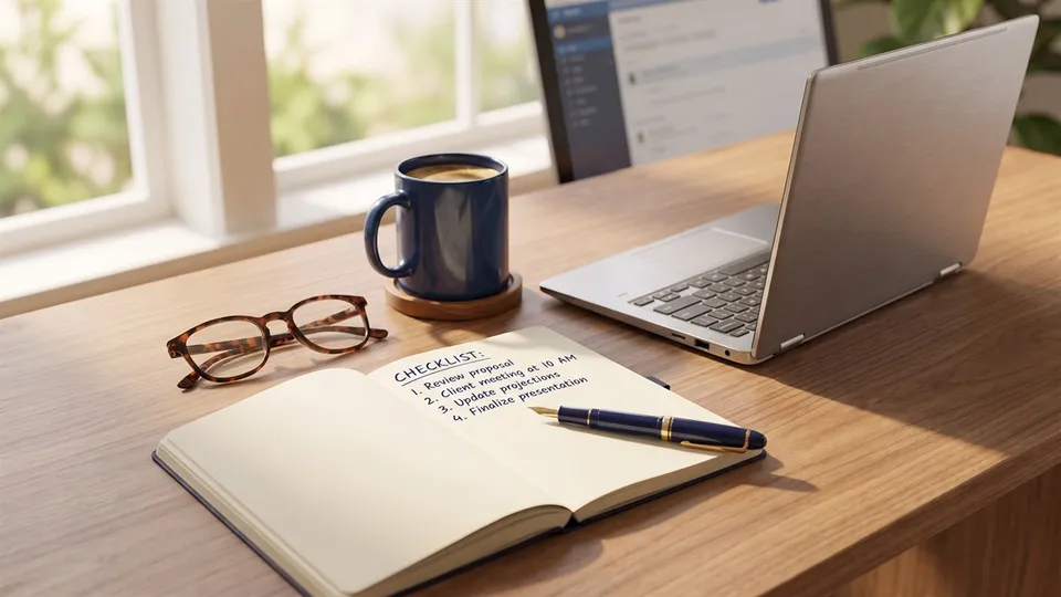 An open notebook with a handwritten checklist beside a coffee cup, glasses, and a laptop on a bright desk — the questions to ask when choosing a CPA in Bergen County NJ before you hire, by ProAxis CPA