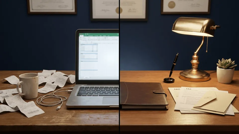 Split desk scene comparing DIY tax software with scattered receipts to a CPA's organized tax documents