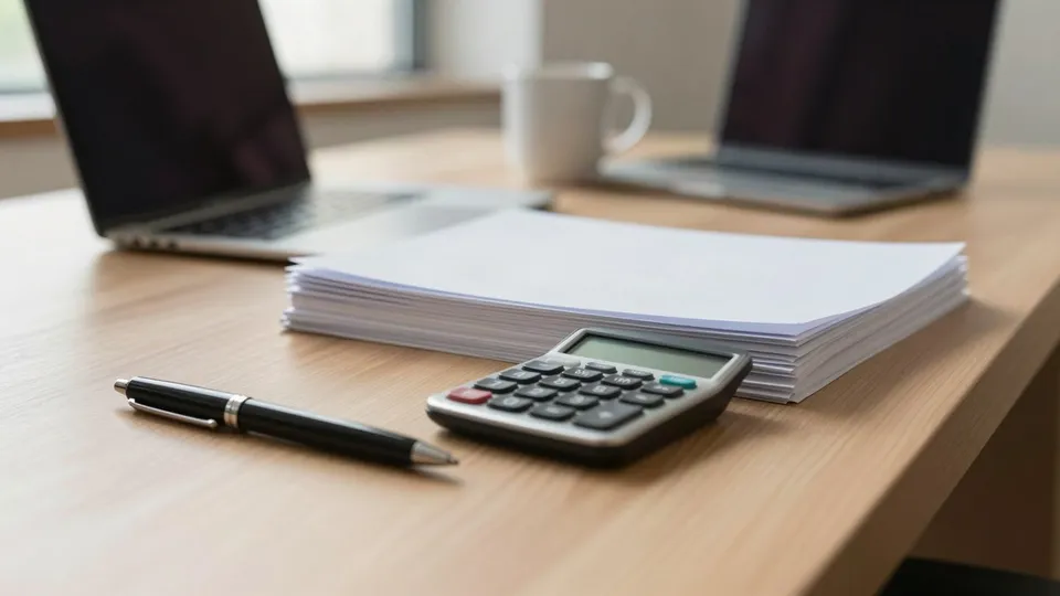 A stack of blank paper, a calculator, and a pen on an oak desk, with two laptops and a coffee mug behind